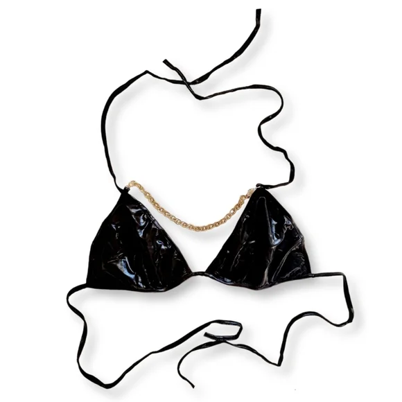 Metallic black wet-look triangle bralette/ bikini / lingerie silver chain top - Picture 8 of 10